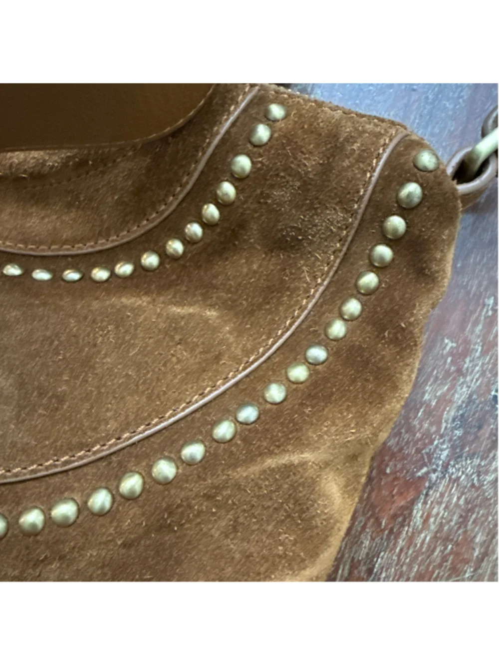 HOBO Chestnut Brown Suede Gold Studded Small Crossbody Tote Handbag NWT Handles